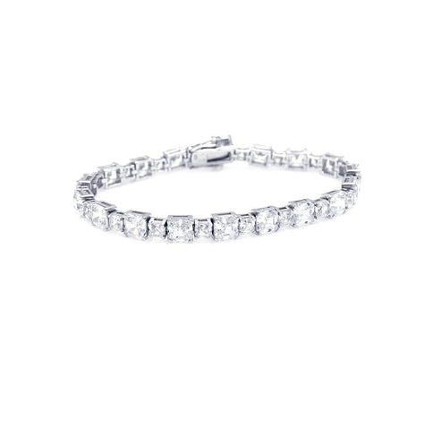 .925 Sterling Silver Rhodium Plated Square Clear Cz Tennis Bracelet