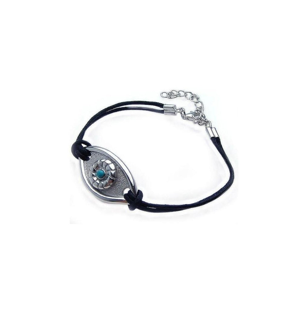 .925 Sterling Silver Rhodium Plated Evil Eye Black Cord Bracelet