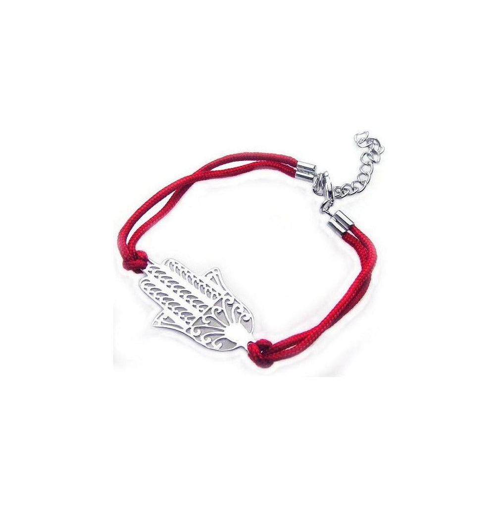 .925 Sterling Silver Rhodium Plated Filigree Hamsa Red Cord Bracelet