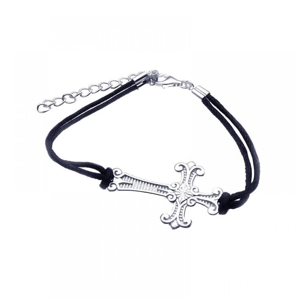 .925 Sterling Silver Rhodium Plated Cross Black Cord Bracelet