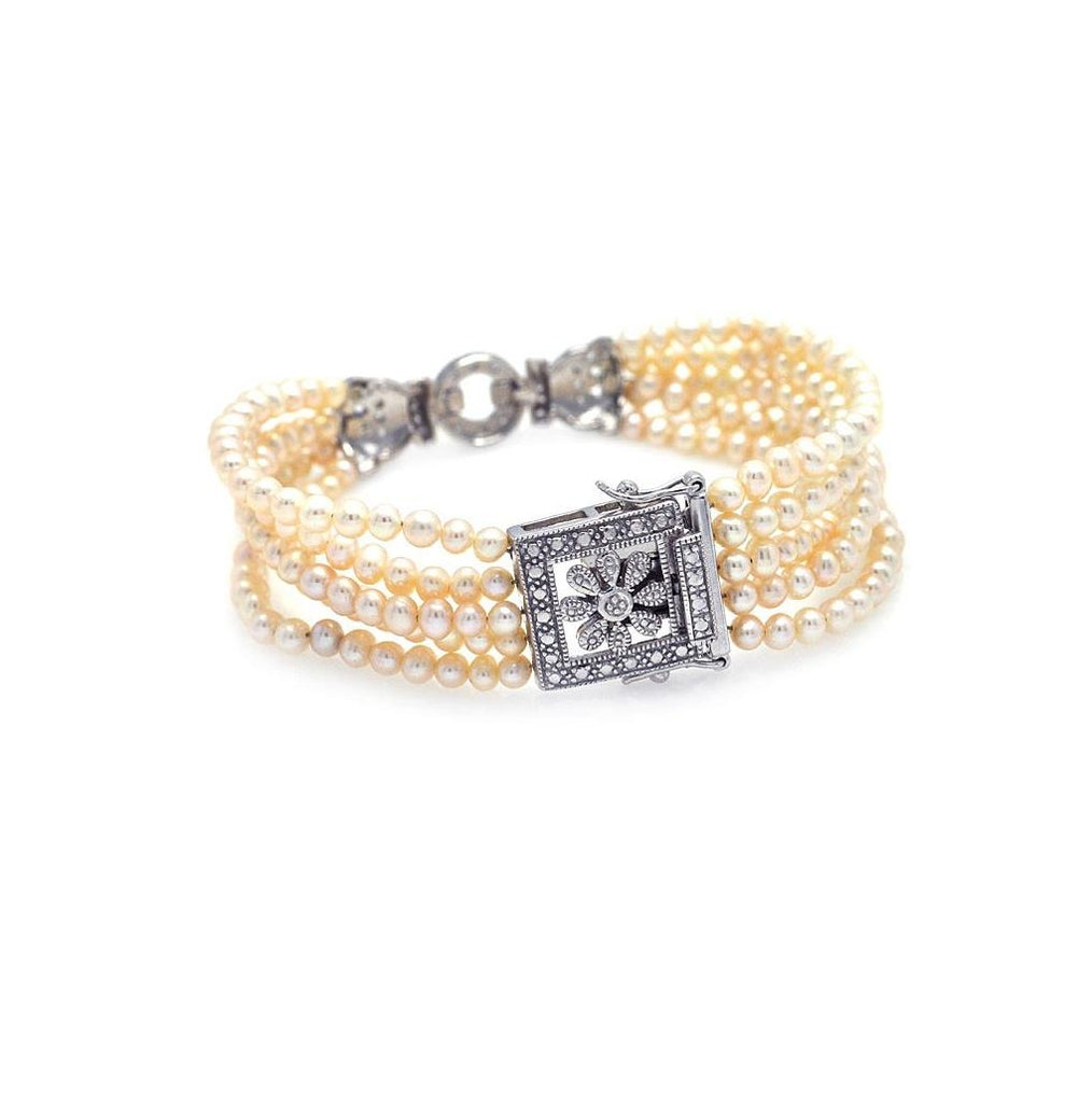 .925 Sterling Silver Rhodium Plated Multi Pearl Strand Clear Cz Square & Flower Bracelet