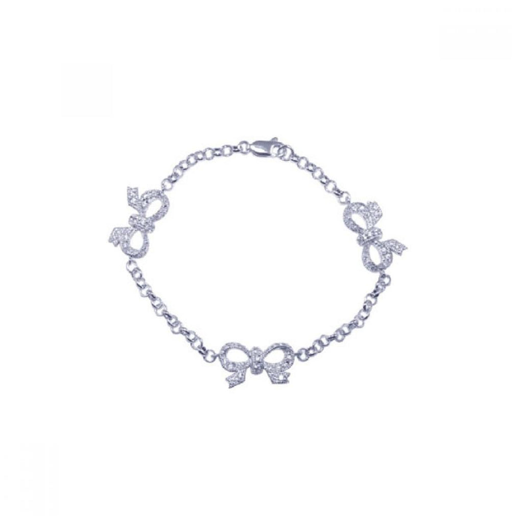 .925 Sterling Silver Rhodium Plated Clear Cz Ribbon Charm Bracelet