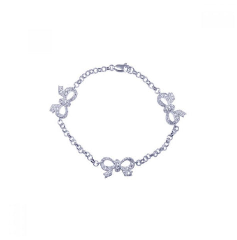 .925 Sterling Silver Rhodium Plated Clear Cz Ribbon Charm Bracelet