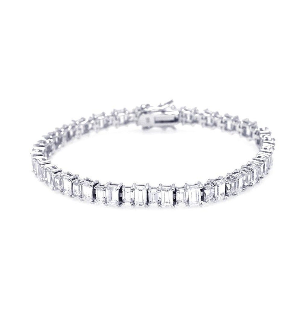 .925 Sterling Silver Rhodium Plated Rectangular Clear Cz Tennis Bracelet