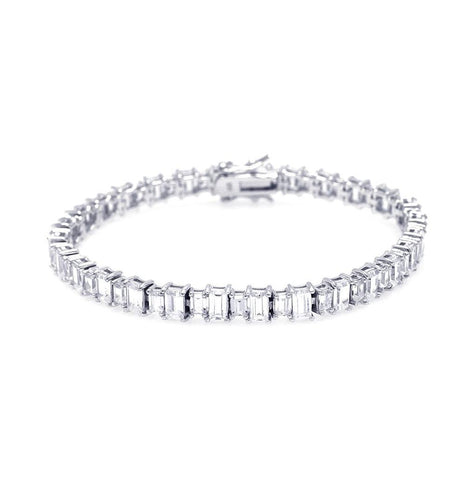 .925 Sterling Silver Rhodium Plated Rectangular Clear Cz Tennis Bracelet