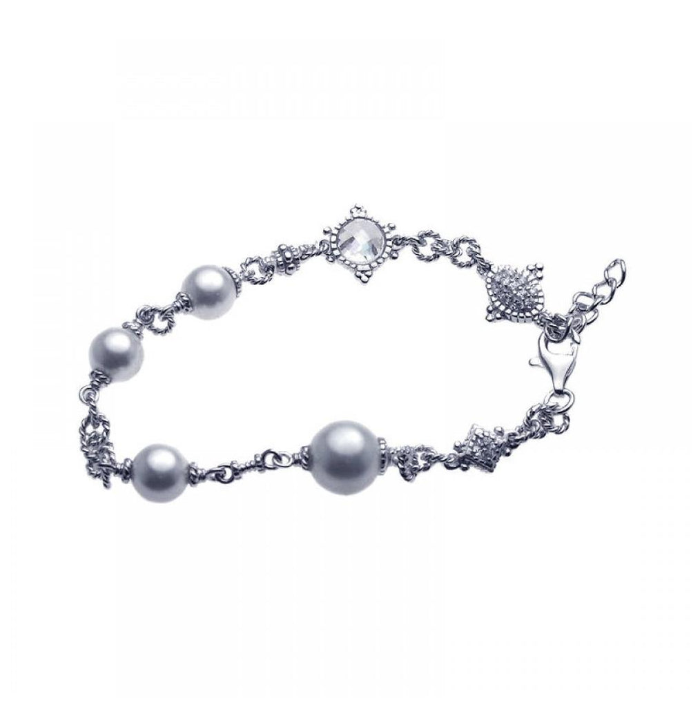 .925 Sterling Silver Rhodium Plated Pearl Clear Cz Bracelet