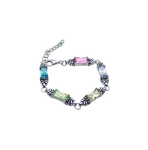 .925 Sterling Silver Rhodium Plated Rectangular Multi Color Cz Bracelet