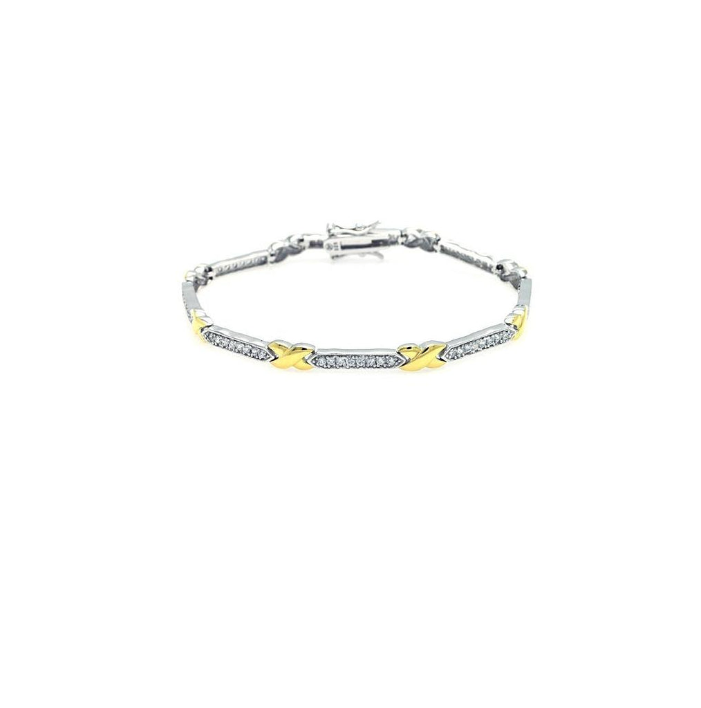 .925 Sterling Silver Rhodium & Gold Plated Two Tone Clear Cz Tennis Bracelet