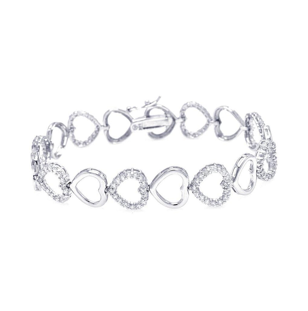 .925 Sterling Silver Rhodium Plated Open Heart Clear Cz Bracelet