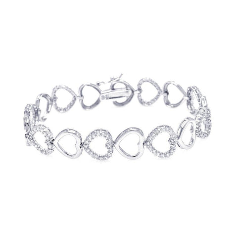 .925 Sterling Silver Rhodium Plated Open Heart Clear Cz Bracelet