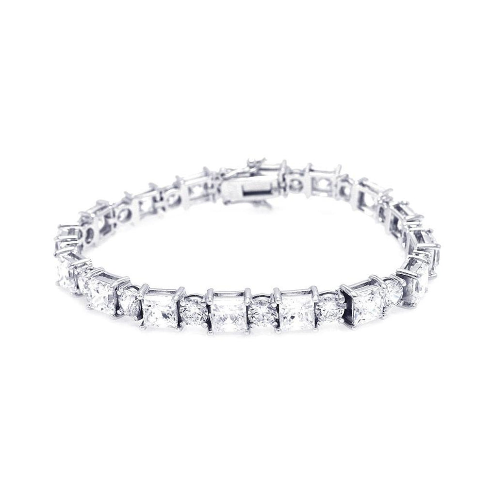 .925 Sterling Silver Rhodium Plated Square & Round Clear Cz Tennis Bracelet