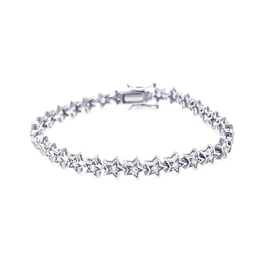 .925 Sterling Silver Rhodium Plated Star Clear Cz Tennis Bracelet