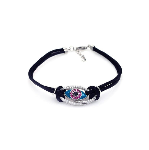 .925 Sterling Silver Rhodium Plated Evil Eye Clear & Pink Black Cord Bracelet