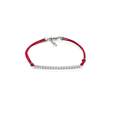 .925 Sterling Silver Rhodium Plated Clear Cz Id Red Cord Bracelet