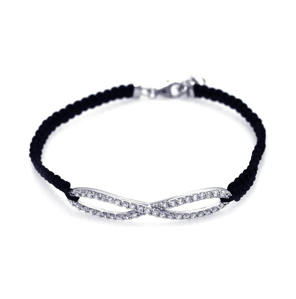 .925 Sterling Silver Rhodium Plated Infinity Clear Cz Black Cord Bracelet