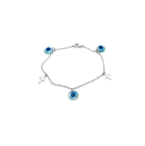 .925 Sterling Silver Rhodium Plated Cross & Evil Eye Charm Bracelet