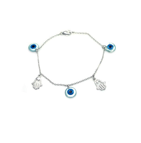 .925 Sterling Silver Rhodium Plated Hamsa & Evil Eye Charm Bracelet