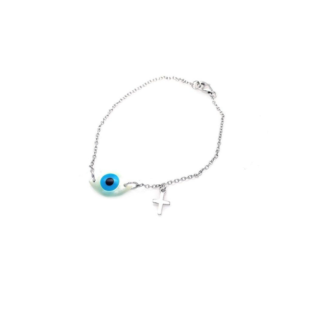 .925 Sterling Silver Rhodium Plated Evil Eye & Cross Charm Bracelet