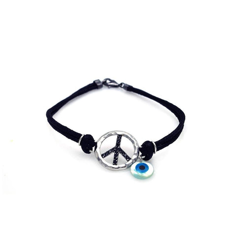 .925 Sterling Silver Rhodium Plated Black Cz Peace Sign & Evil Eye Black Cord Bracelet