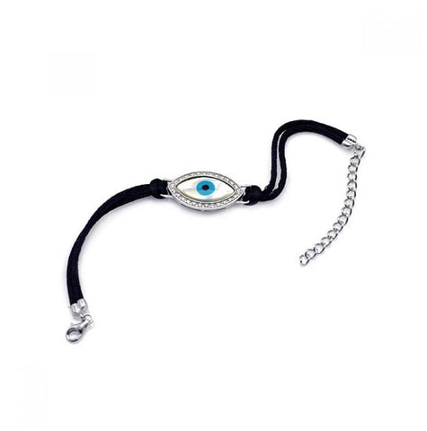 .925 Sterling Silver Rhodium Plated Large Evil Eye Clear Cz Black Cord Bracelet