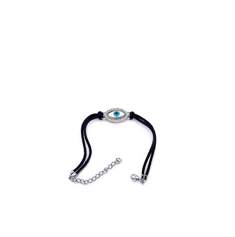 .925 Sterling Silver Rhodium Plated Small Evil Eye Clear Cz Black Cord Bracelet