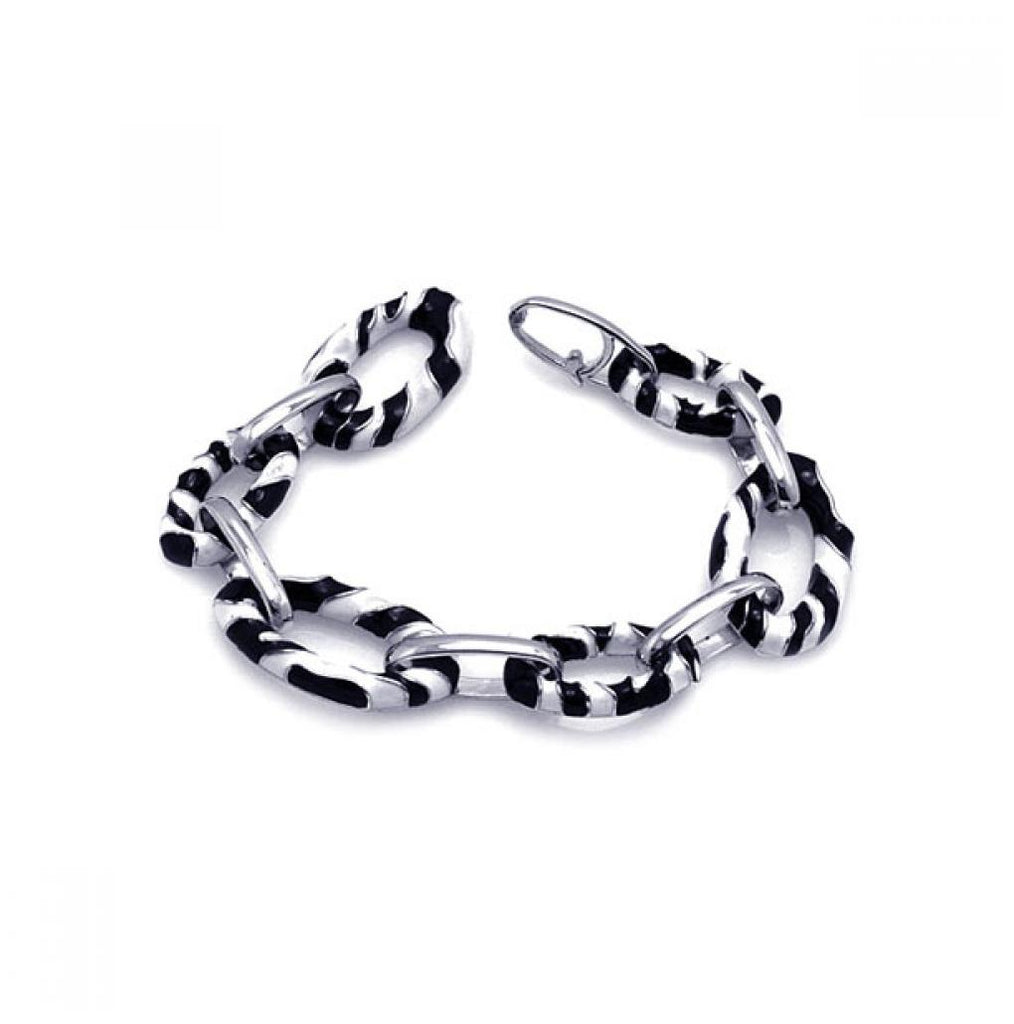 .925 Sterling Silver Rhodium Plated Black & White Enamel Zebra Print Open Link Bracelet