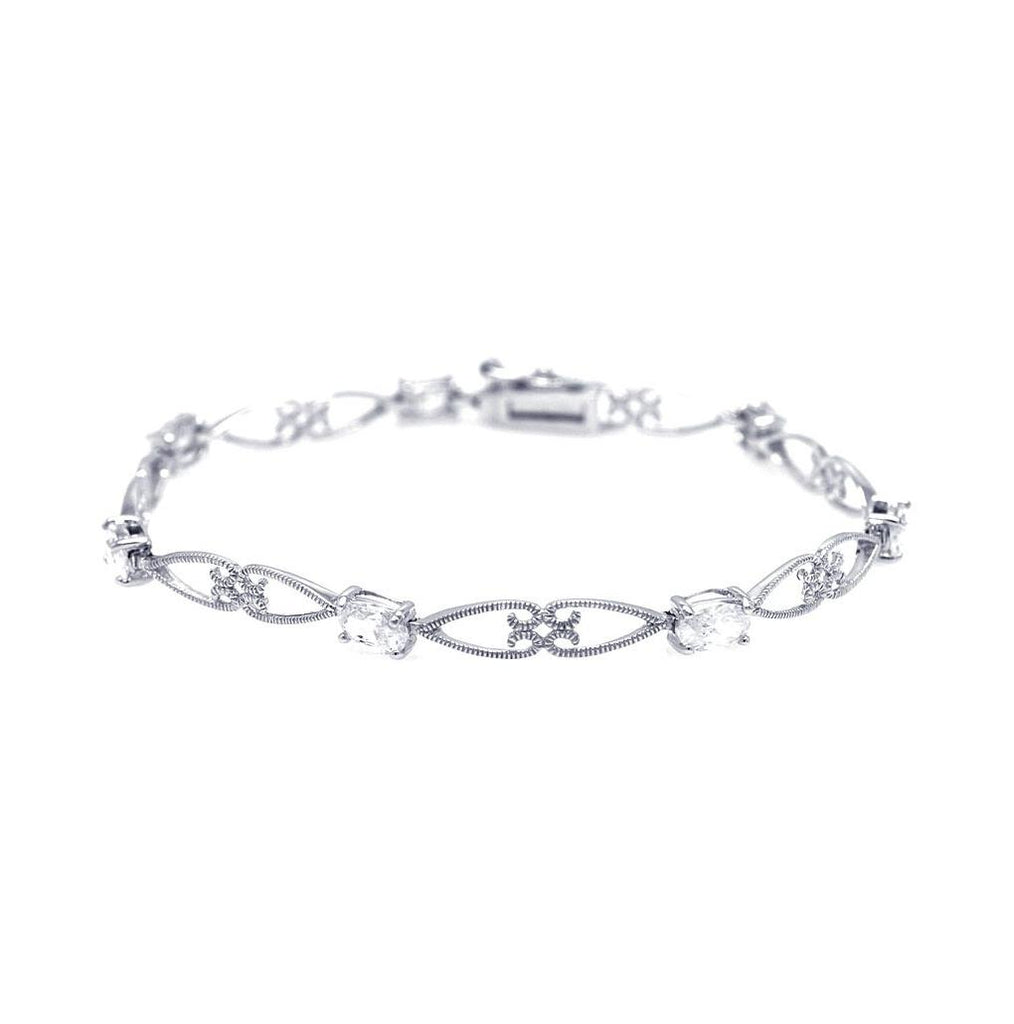 .925 Sterling Silver Rhodium Plated Clear Cz Elongated Heart Link Bracelet