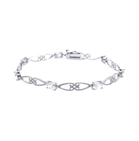 .925 Sterling Silver Rhodium Plated Clear Cz Elongated Heart Link Bracelet