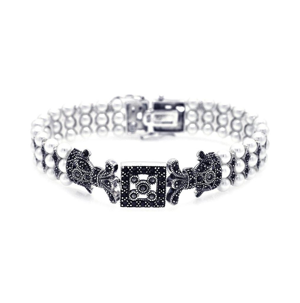 .925 Sterling Silver Rhodium Plated Pearlmarcasite & Black Cz Bracelet