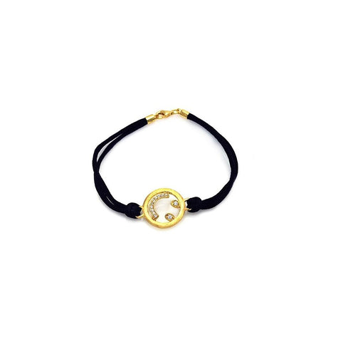 .925 Sterling Silver Gold Plated Happy Face Clear Cz Black Cord Bracelet