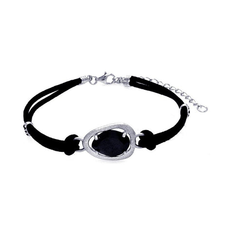 .925 Sterling Silver Rhodium Plated Black Cz Black Leather Cord Bracelet