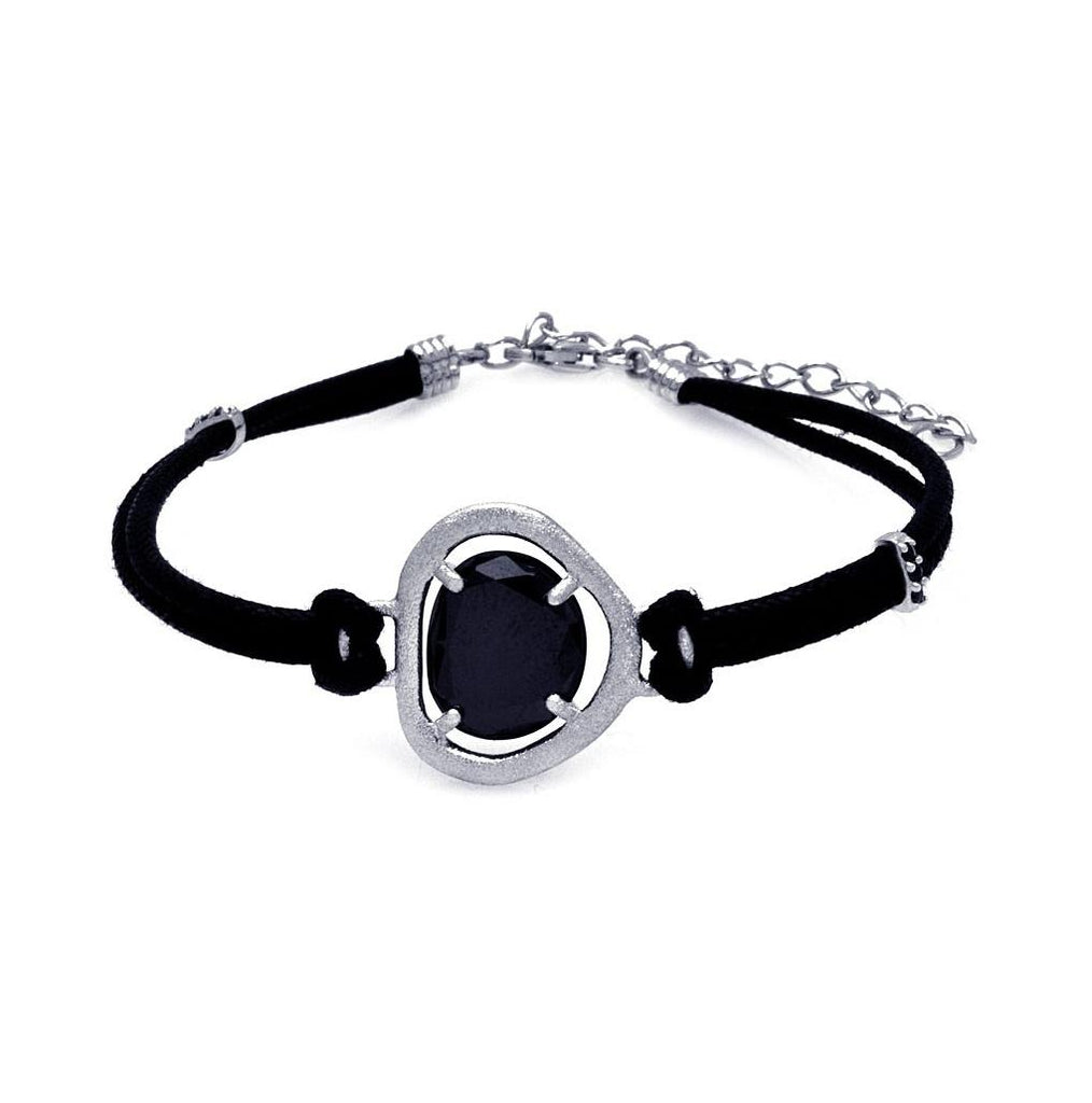 .925 Sterling Silver Rhodium Plated Black Cz Black Leather Cord Bracelet