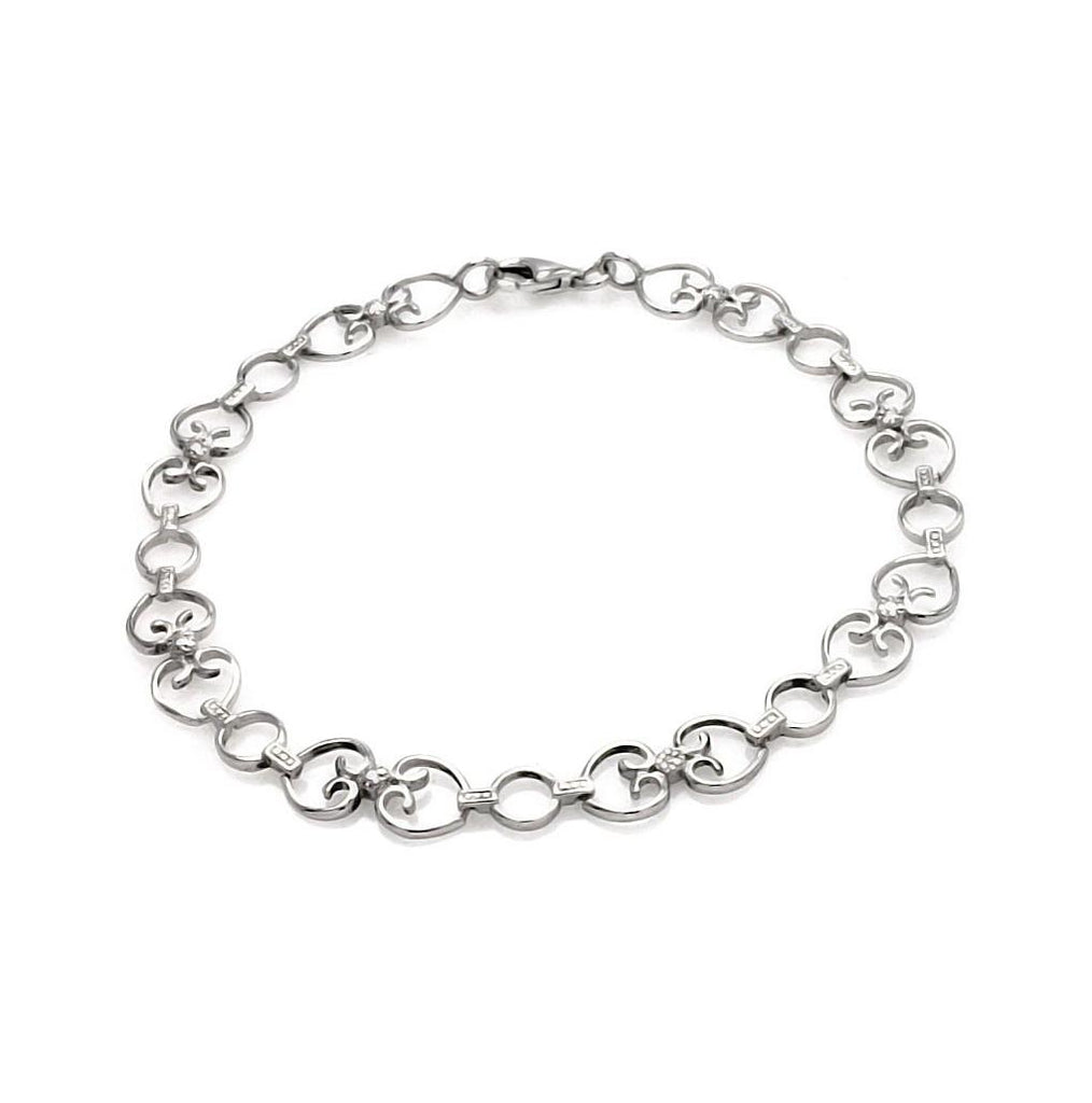 .925 Sterling Silver Rhodium Plated Open Heart Clear Cz Link Bracelet