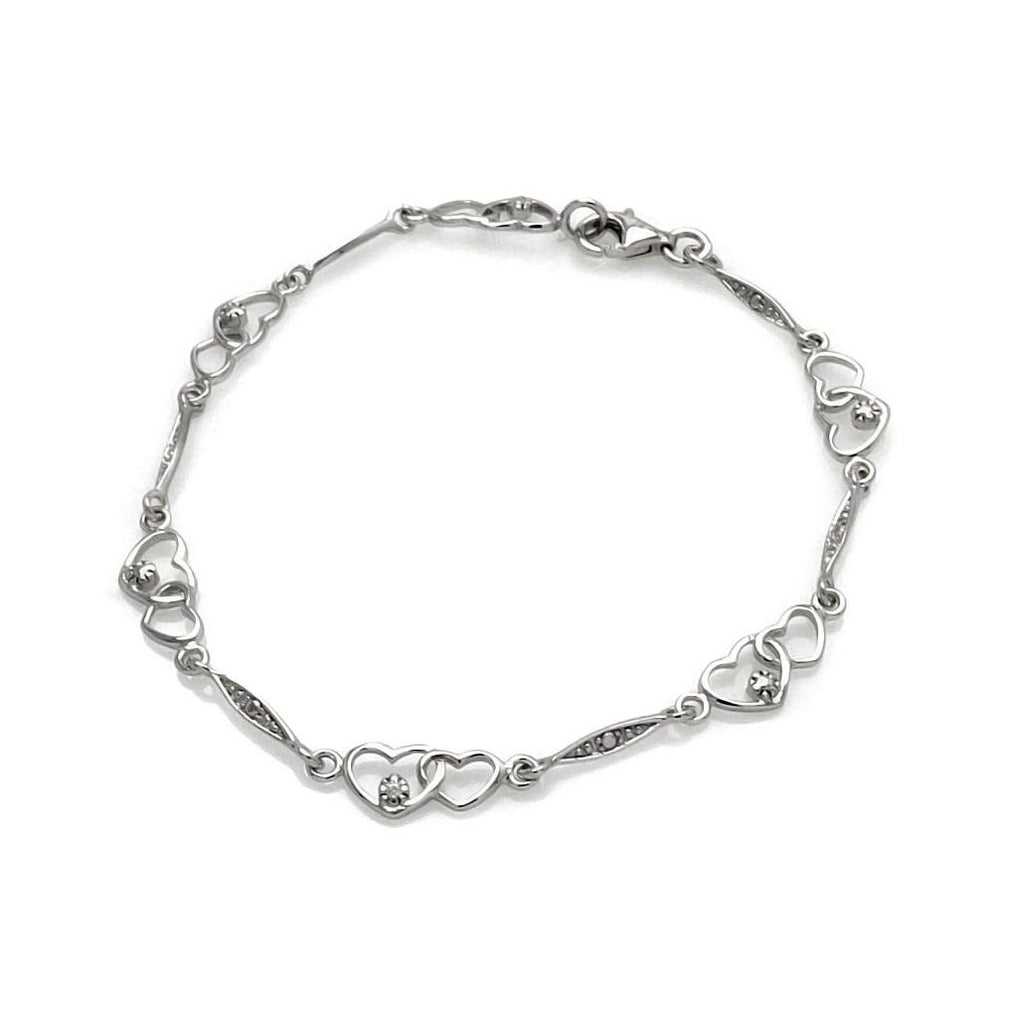 .925 Sterling Silver Rhodium Plated Open Heart Clear Cz Link Bracelet