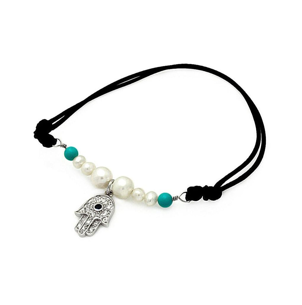 .925 Sterling Silver Rhodium Plated Pearl Turquoise Beads Hamsa Clear Cz Black Cord Bracelet