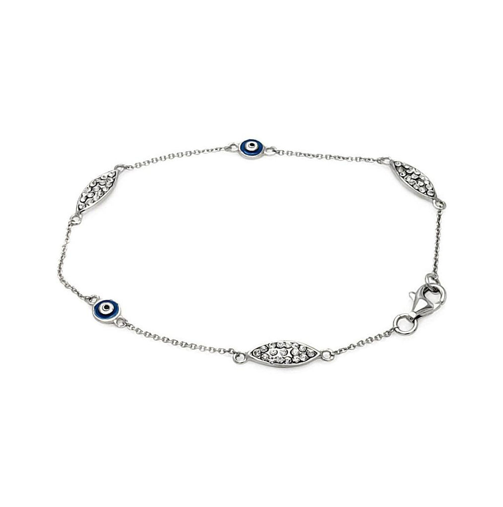 .925 Sterling Silver Rhodium Plated Evil Eye Clear Cz Bracelet