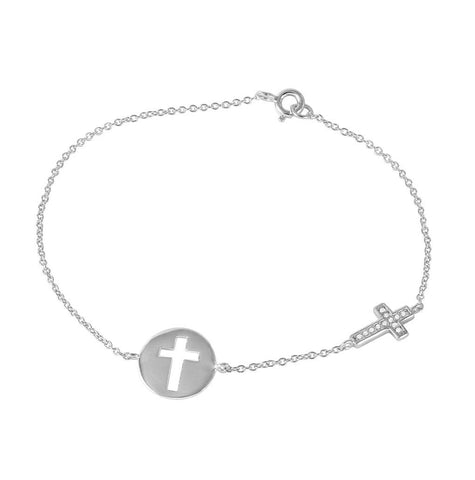 .925 Sterling Silver Rhodium Plated Cross And Disc Charm Bracelet