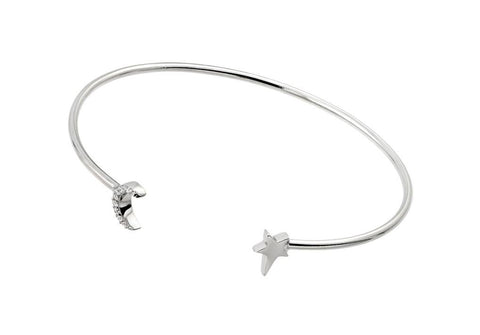 .925 Sterling Silver Rhodium Plated Moon & Star Clear Cz Bracelet