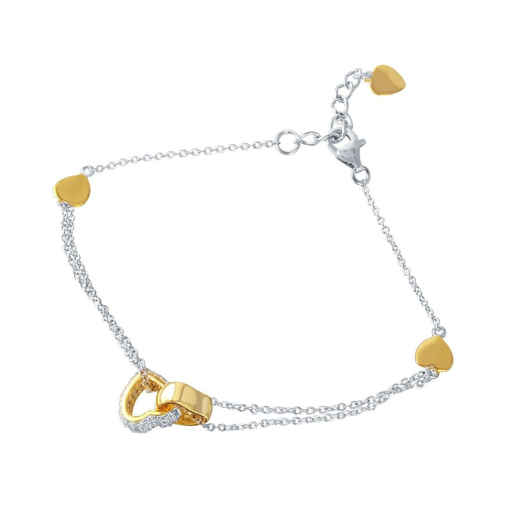 .925 Sterling Silver Rhodium Plated Cz Gold Hearts Charm Bracelet