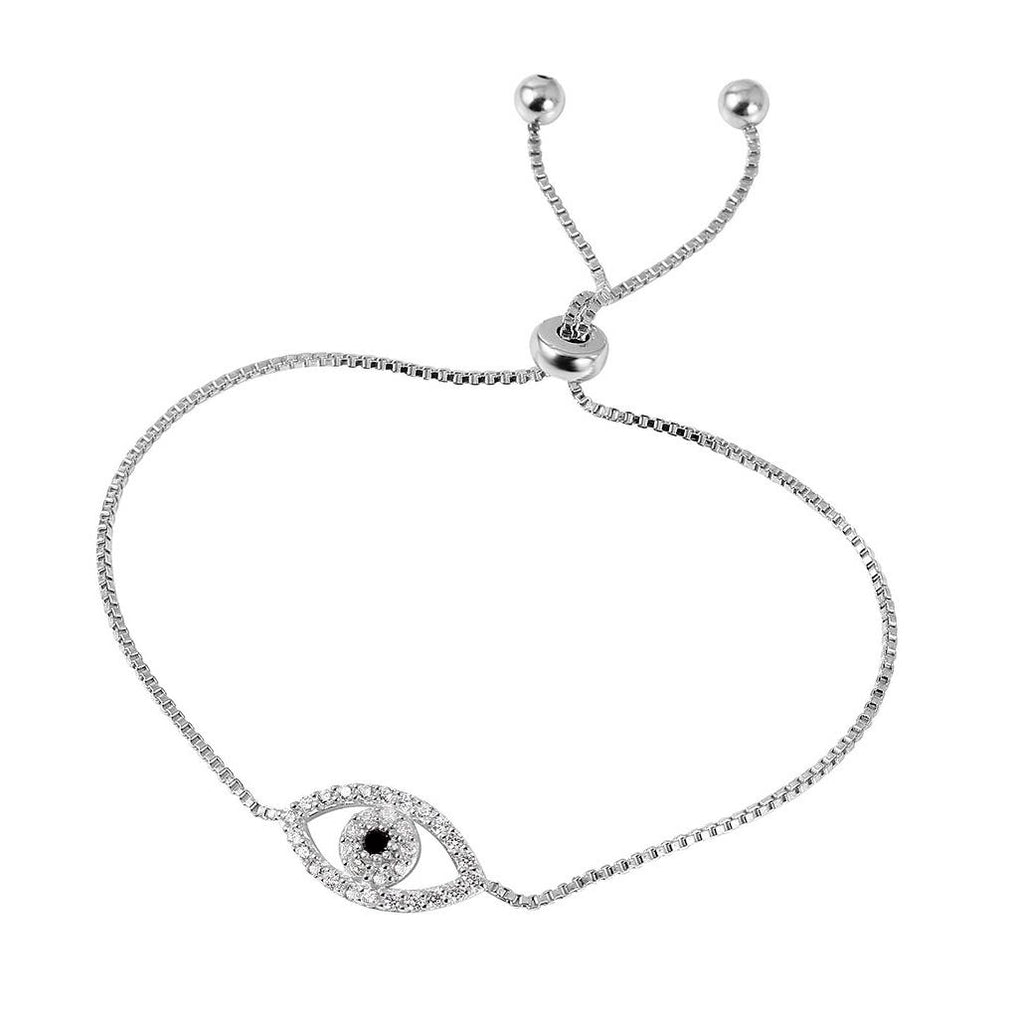 .925 Sterling Silver Rhodium Plated Cz Evil Eye Tassel Bracelet