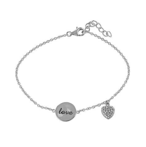 .925 Sterling Silver Rhodium Plated Love & Heart With Cz Bracelet