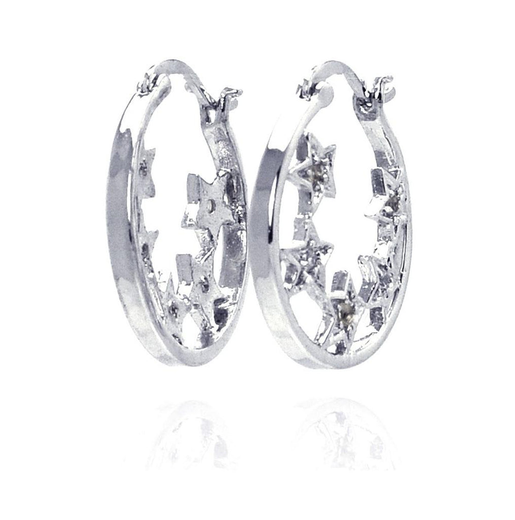 .925 Sterling Silver Rhodium Plated Cz Hoop Star Earring