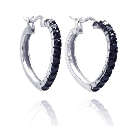 .925 Sterling Silver Rhodium Plated Black Half Eternity Cz Heart Hoop Earring