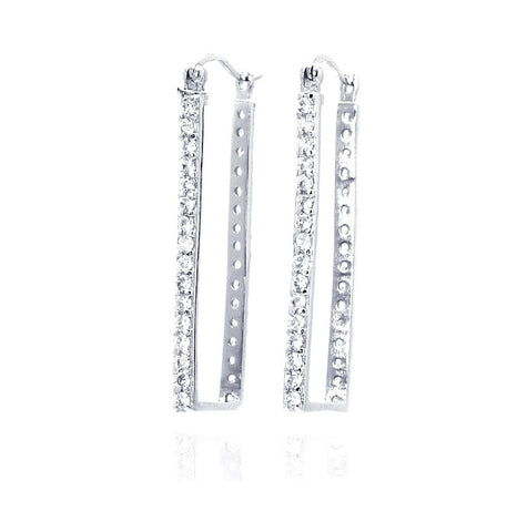 .925 Sterling Silver Rhodium Plated Cz Rectangular Hoop Earring