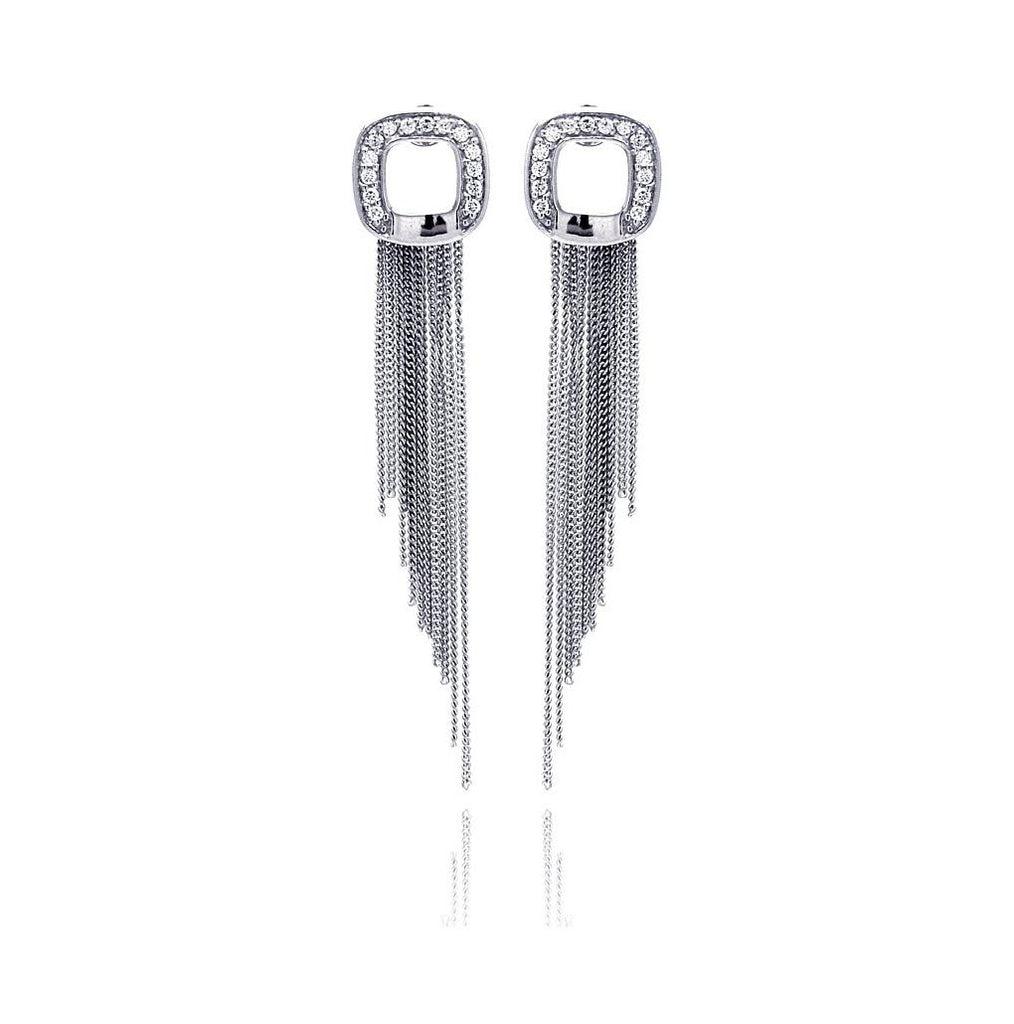 .925 Sterling Silver Rhodium Plated Cz Rectangular Dangling Strand Earring