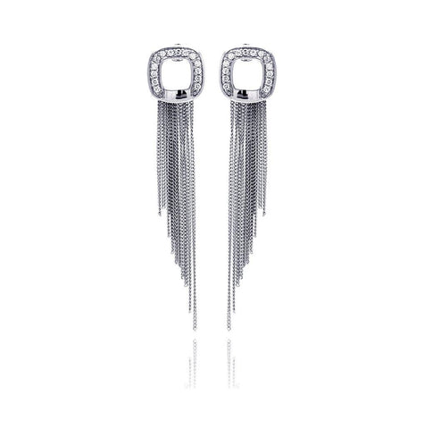 .925 Sterling Silver Rhodium Plated Cz Rectangular Dangling Strand Earring