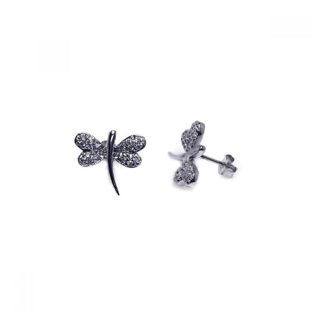 .925 Sterling Silver Rhodium Plated Cz Dragonfly Stud Earring