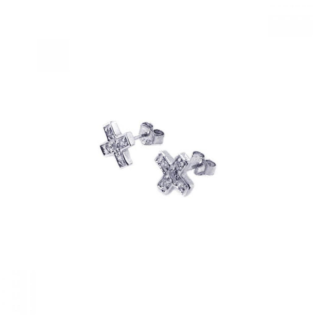 .925 Sterling Silver Rhodium Plated Cz Cross Stud Earring