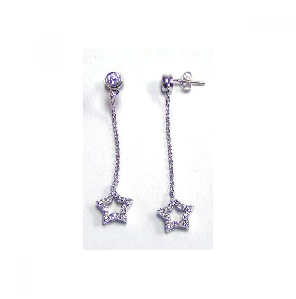 .925 Sterling Silver Rhodium Plated Cz Wire Dangling Star Earring