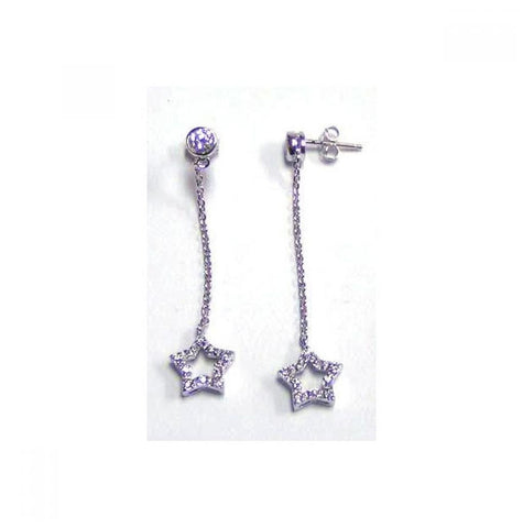 .925 Sterling Silver Rhodium Plated Cz Wire Dangling Star Earring